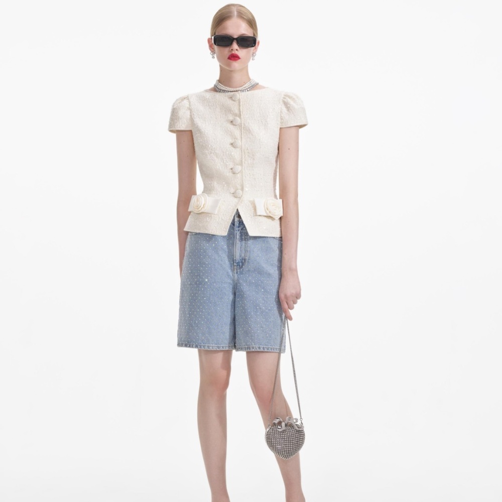 Self-Portrait Cream Tweed Short-Sleeve Peplum Jacket